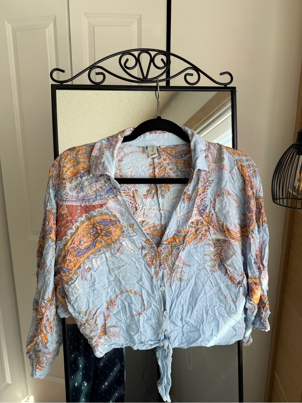 Light Blue Paisley Tie-Front Women's Button-Up Top